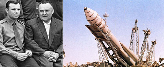 Figura 8 - Da sinistra, Yuri Gagarin, primo uomo nello spazio, e Sergei Korolev, artefice del successo del programma spaziale sovietico. La storica missione di Gagarin (a destra) fu resa possibile dall'R7, originariamente sviluppato come missile nucleare.