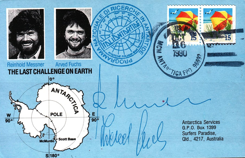Figura 6 – Una cartolina commemorativa della traversata antartica di Messner e Fuchs, con i timbri della stazione scientifica italiana in Antartide.