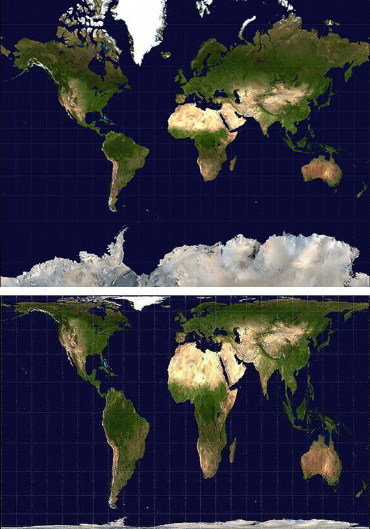 Figura 5 - La consueta proiezione di Mercatore (in alto) e la rivoluzionaria prospettiva di Peters (in basso): nella seconda, Sud America, Africa e India appaiono nettamente ribilanciate.