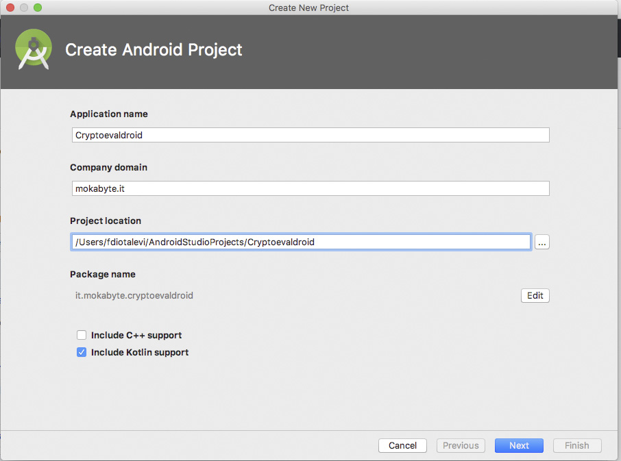 Figura 1 – Creazione di un progetto Android in Kotlin.