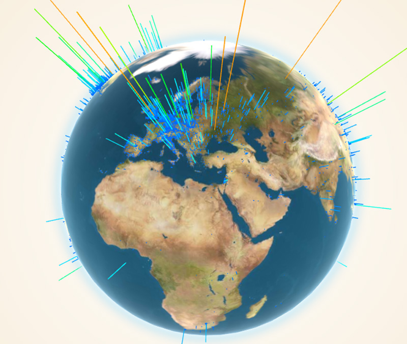 Figura 1 – Bitcoin Globe fornisce una visualizzazione grafica delle transazioni decisamente accattivante.